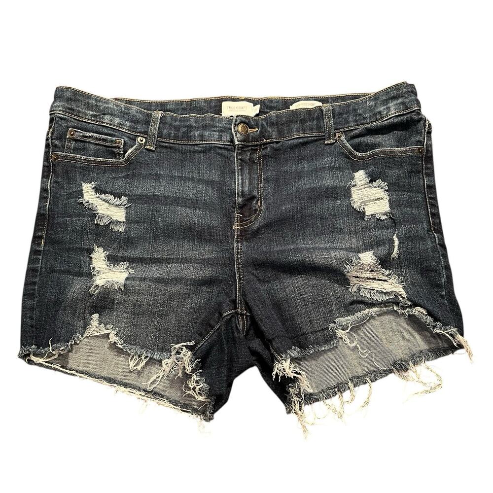 True Craft Distressed Jean Shorts Raw Hem Destroyed Dark Wash Festival Size 18 W